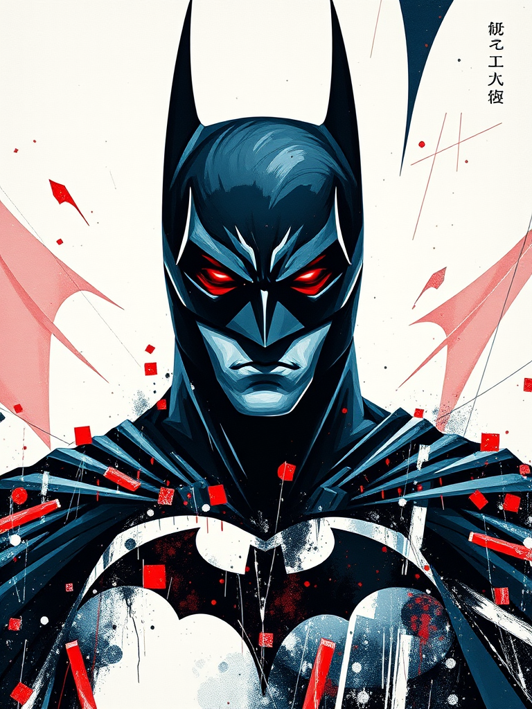 A mesmerizing ukiyo-e inspired abstract painting that depicts the iconic silhouette of Batman. The Dark Knight is intricately rendered with piercing red eyes, creating a captivating contrast against the vibrant, geometric background. The pristine white canvas accentuates Batman's striking presence, while the dynamic pattern of shapes and lines emphasizes the dark fantasy theme. The artwork is a unique blend of conceptual art, anime, and portrait photography, showcasing the iconic character in an entirely new light., portrait photography, conceptual art, ukiyo-e, anime - Image