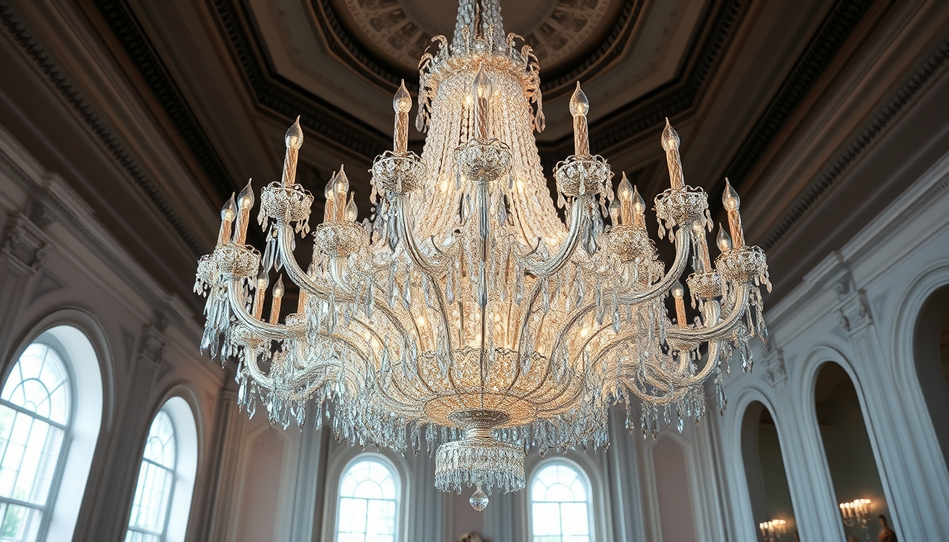 A stunning chandelier made of thousands of tiny glass crystals in a grand ballroom.