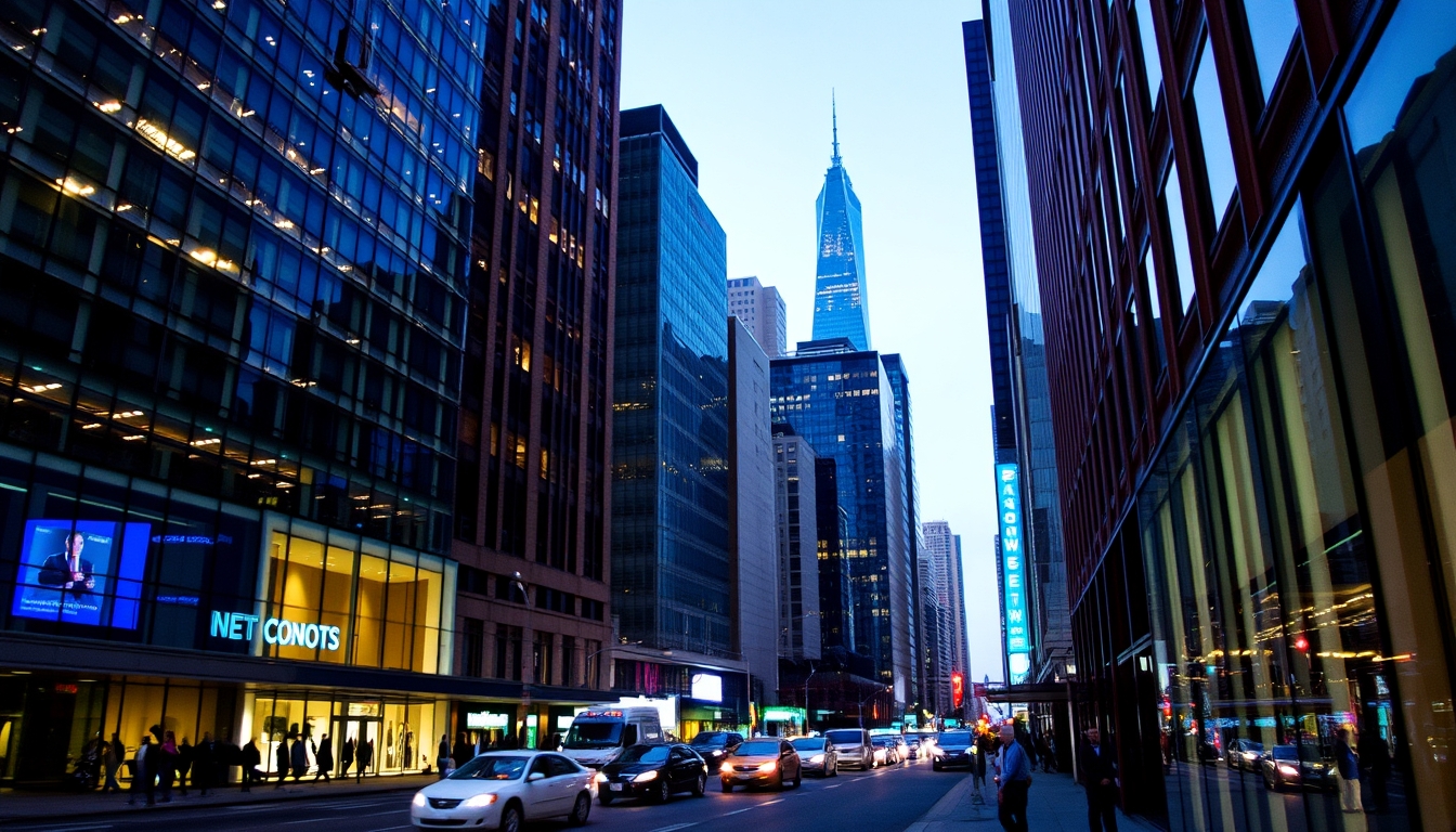 A vibrant city street at night, with reflections in the glass windows of skyscrapers.