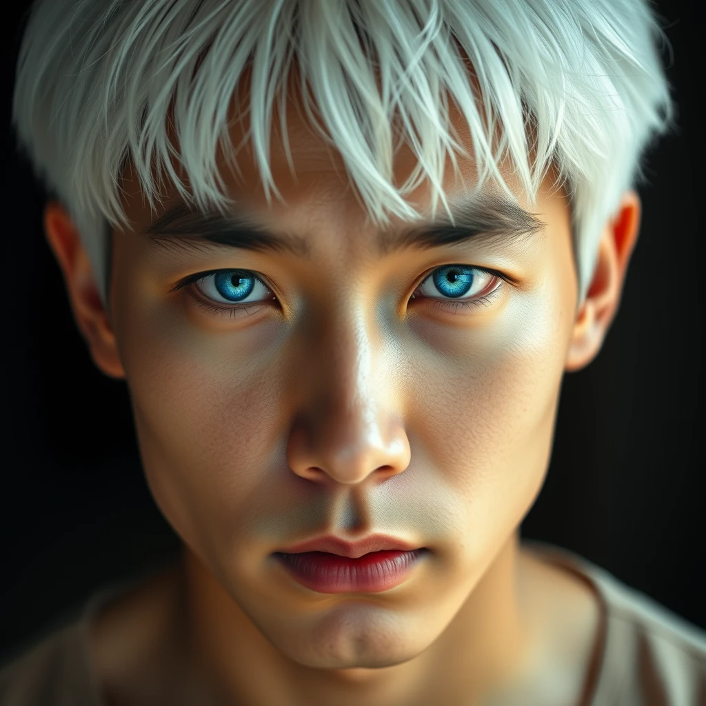 Asian guy with white hair and blue magic eyes, realistic RAW photo, guy looking at the camera, realistic skin, realistic human face, young guy.