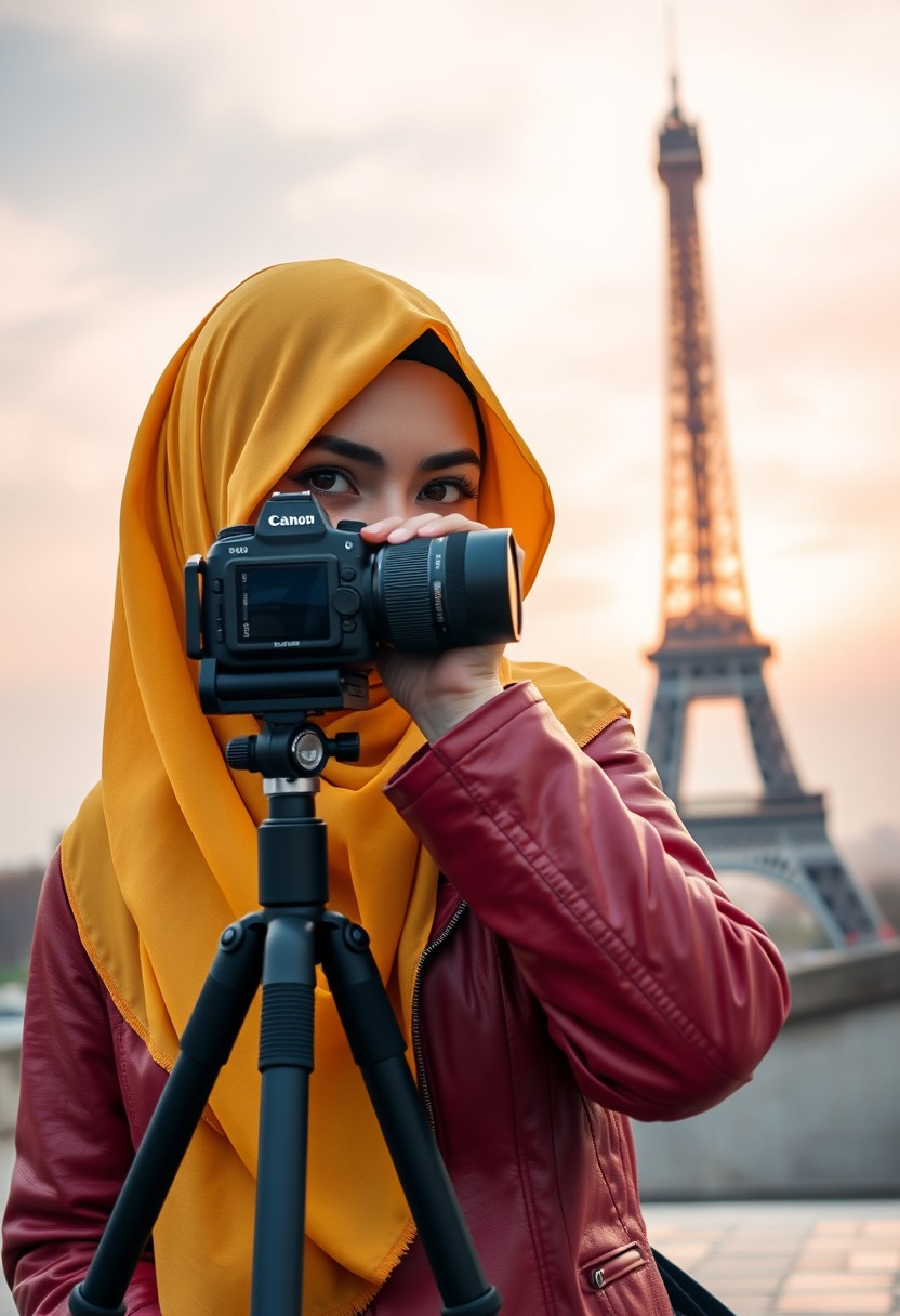 Biggest hijab yellow Muslim girl, beautiful eyes, face mask black, red leather jacket, black biggest skirt, camera DSLR CANON, tripod, taking photo Eiffel Tower, sunrise, morning scenery, Eiffel Tower, hyper realistic, street photography.