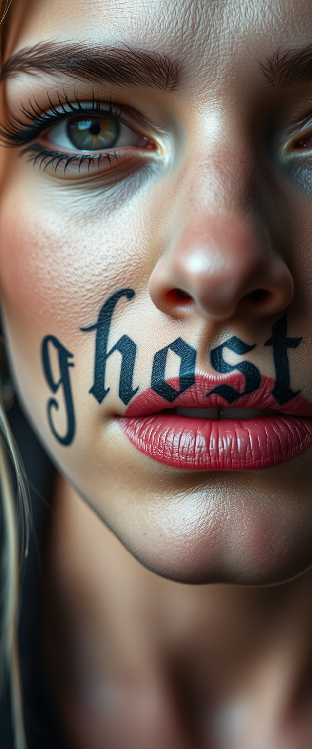 Close-up view of the tattooed face of a white-skinned, super muscular, super beautiful Middle Eastern woman with the word "ghost" written on it.