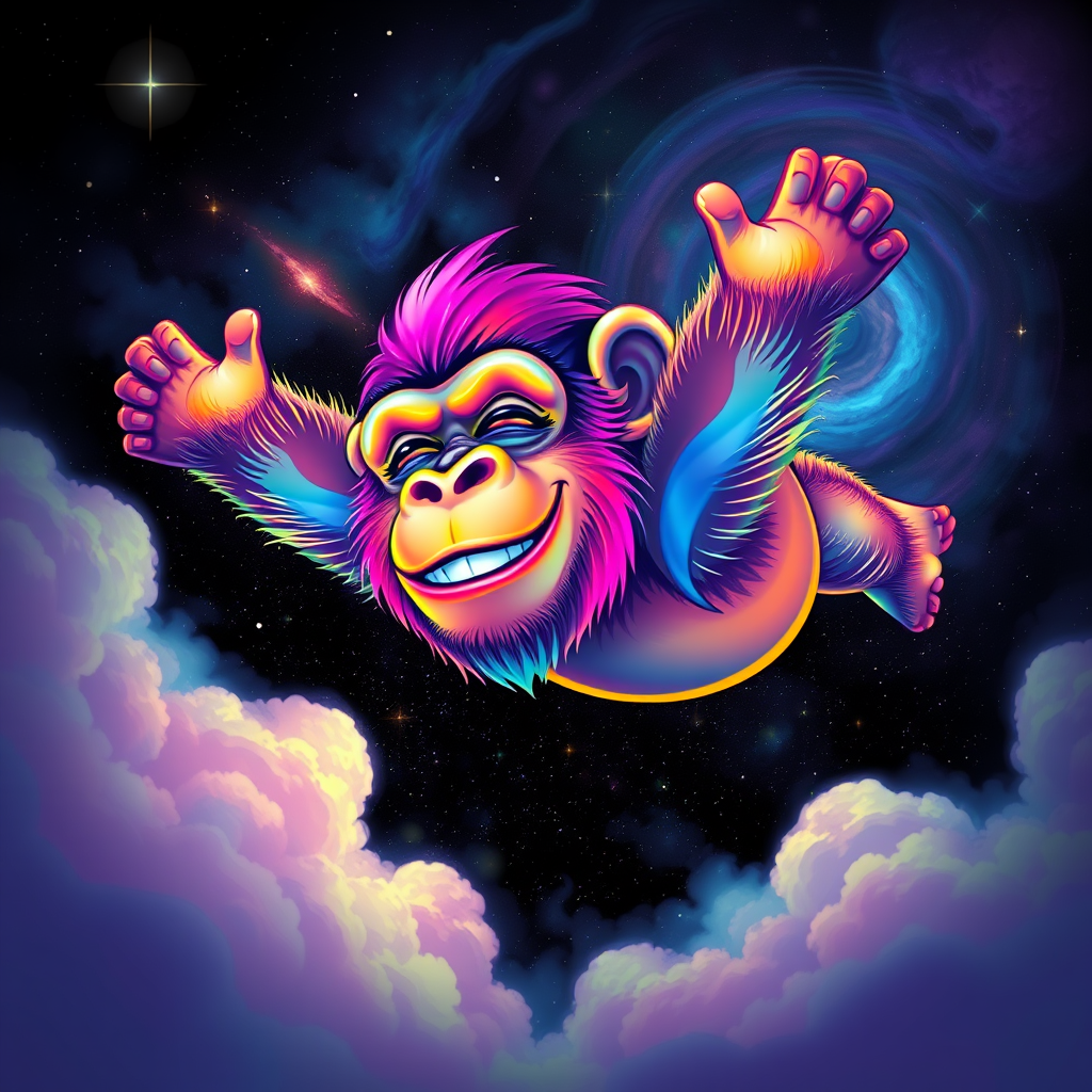 A captivating digital painting of a happy ape soaring through a dreamy, cosmic landscape. The ape sports a vibrant rainbow color palette, with flashes of color interspersed throughout the scene. The background features a starry cosmos with swirling galaxies and nebulas. The ape's eyes are closed, exuding a serene expression, while its serene smile is a testament to its peaceful state. The glitchy edges, fading to black, add a unique and striking touch to the design. The subtle acid rainbow cubic glitch effect adds depth and visual intrigue to this mesmerizing, dreamy tee shirt design.