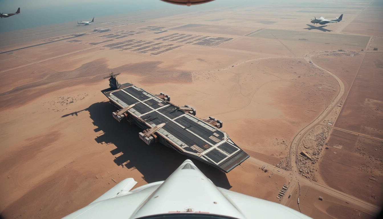 From the plane, looking down at the ground, there is a huge aircraft carrier on the desert floor, abandoned and covered in rust.