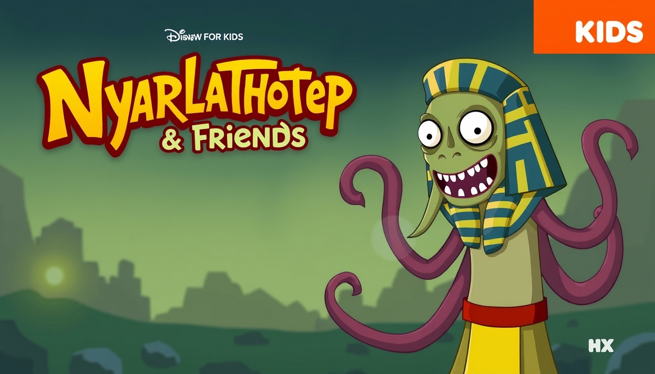 Poster for a TV show for kids called "Nyarlathotep & Friends" about an Egyptian god with tentacles.