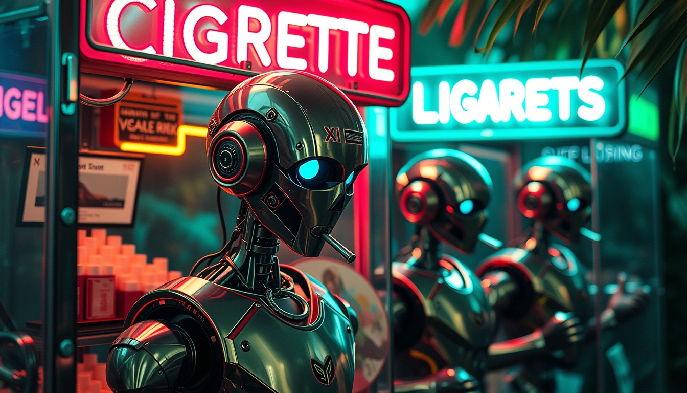 A detailed shot of the robots selling cigarettes in kiosks made from metallic and glass materials under vibrant neon-lit signs. The robots have human-like features, emphasizing a bizarre yet fascinating contrast with their natural surroundings. Surreal and vivid, combining the raw, untamed beauty of the Amazon Jungle with otherworldly psychedelic visuals and futuristic, neon-lit cyberpunk elements.