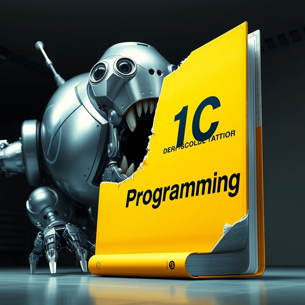 Futuristic scene: a giant robot bites the corner of a large yellow book. The robot is massive, with a metal body, gleaming lens-eyes and mechanical jaws. Its size is several times the size of the book. The book is bright yellow in color, thick, and looks like a textbook. The cover of the book reads "1C Programming" in large black letters. You can see that the robot has bitten off the upper right corner of the book, leaving a jagged bite mark. The background is neutral, perhaps a darkened laboratory or futuristic interior. The lighting is dramatic, emphasizing the contrast between the shiny metal of the robot and the matte surface of the book. 
Image style: photorealistic with science fiction elements. Detailed texture of the robot's metal and the book's paper. Clear lines and shapes. Saturated colors with emphasis on the yellow of the book and the silver-steel of the robot.