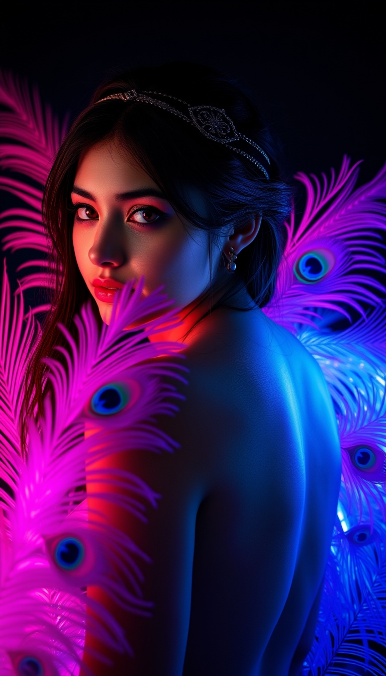 A portrait of a young woman in a dramatic, backlit setting, surrounded by vibrant, colorful peacock feathers. The woman has long, dark hair styled with an ornate headpiece, and a tattoo visible on her exposed back. The feathers are illuminated in shades of pink, blue, and purple, creating a mesmerizing, otherworldly atmosphere. The background is dark, allowing the feathers and the woman's features to be the focal point. Highly detailed, with a sense of movement and energy. Rendered in a photorealistic style.