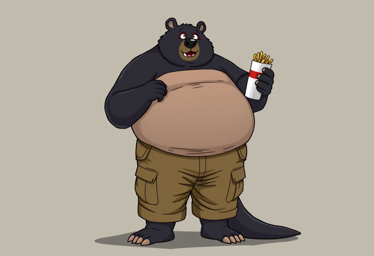 Thick anthropomorphic black bear kangaroo hybrid wearing cargo pants. Excessively eating fast food and getting fatter. Extremely overweight, semi-cartoon. - Image