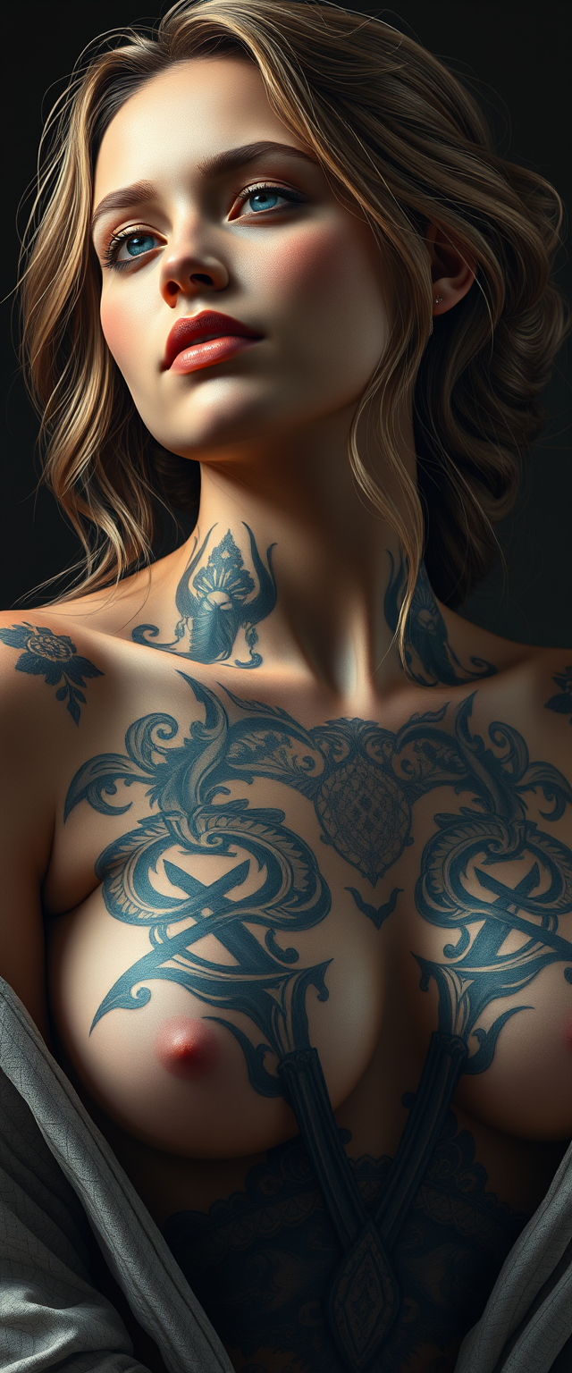 Arafed woman with a tattoo on her chest and chest: A symphony of pixels in hyperrealistic harmony, intricate and softly lit, an 8K revelation trending on ArtStation, brought to you by Leonardo Da Vinci. - Image