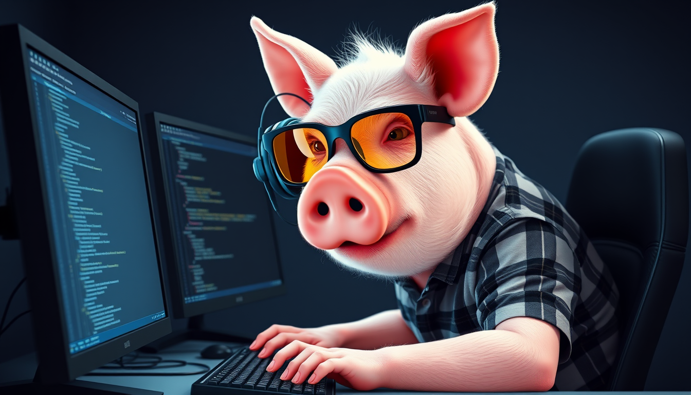 A tech-savvy pig coder, wearing yellow-tinted glasses and sleek noise-cancelling headphones, leans over a cutting-edge multi-monitor setup. The anthropomorphic pig exudes concentration, typing furiously. Dressed in a plaid t-shirt.