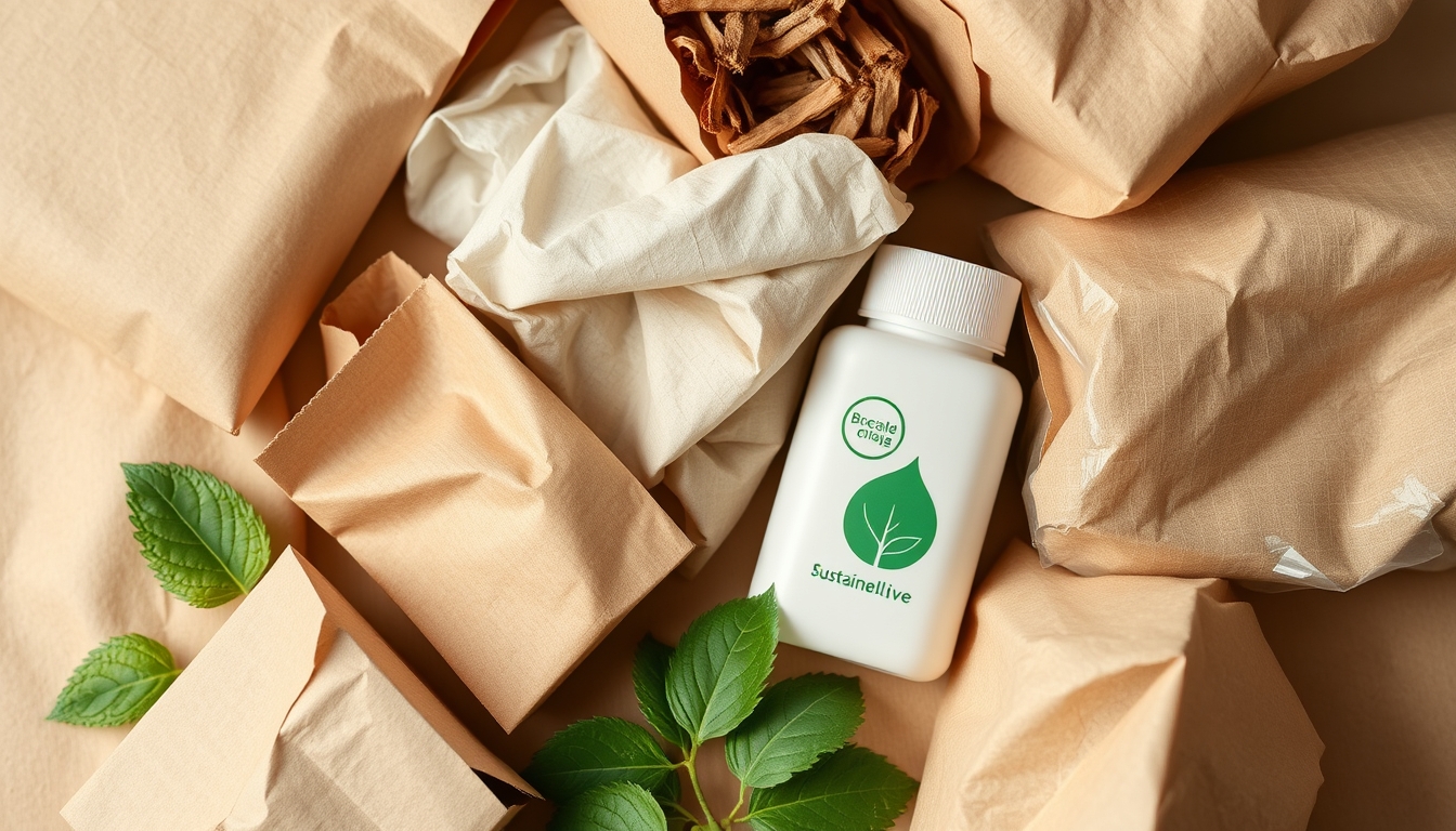 A detailed close-up of sustainable packaging materials, including cardboard, paper, and biodegradable plastics, arranged aesthetically on a neutral background.