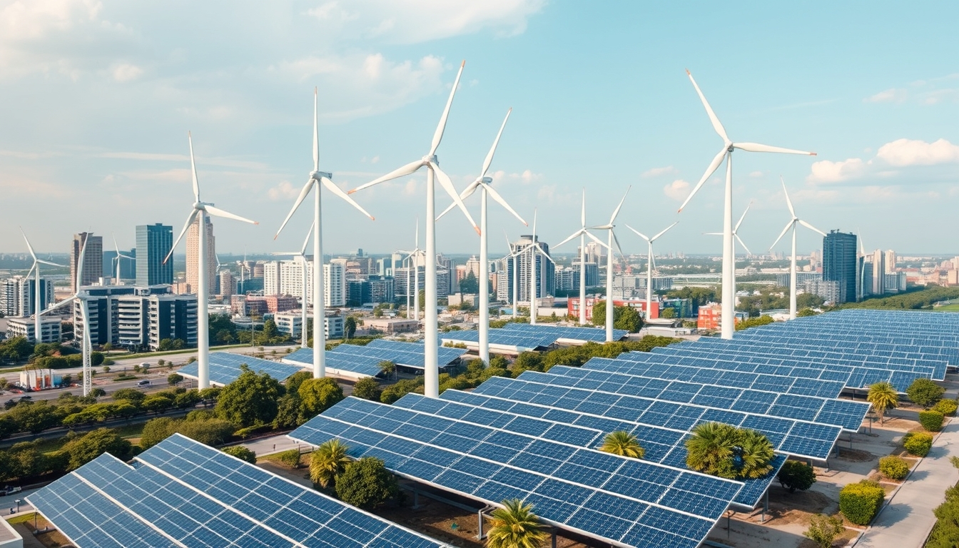 Wind turbines and solar panels in a modern city, representing renewable energy.