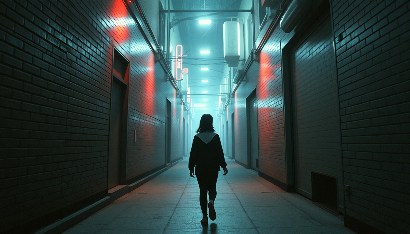 masterpiece, best quality, very aesthetic, absurdres wlop minimalism cinematic lighting 1 girl, aged up walking in the alley black suit white collar shirt perspective from above cyberpunk, neon - Image