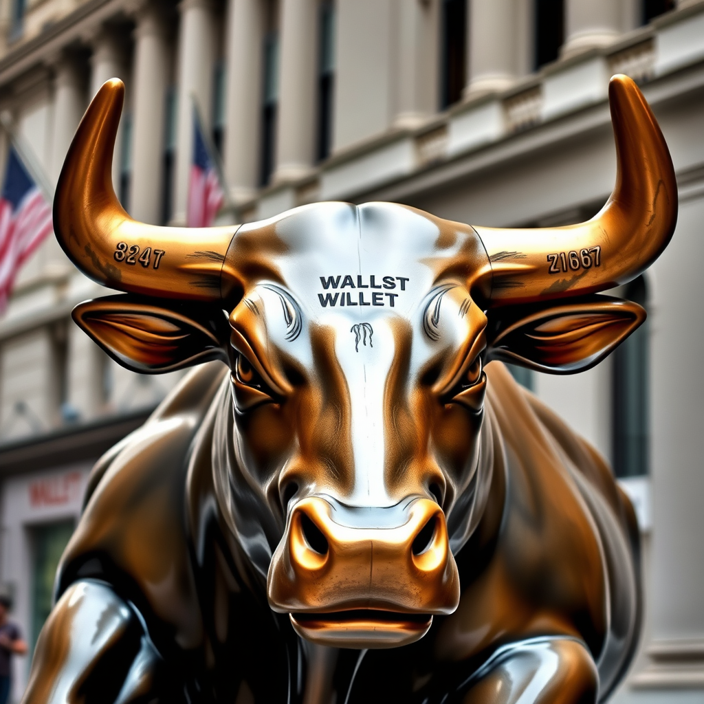 "A bronze bull statue with horns on Wall Street."