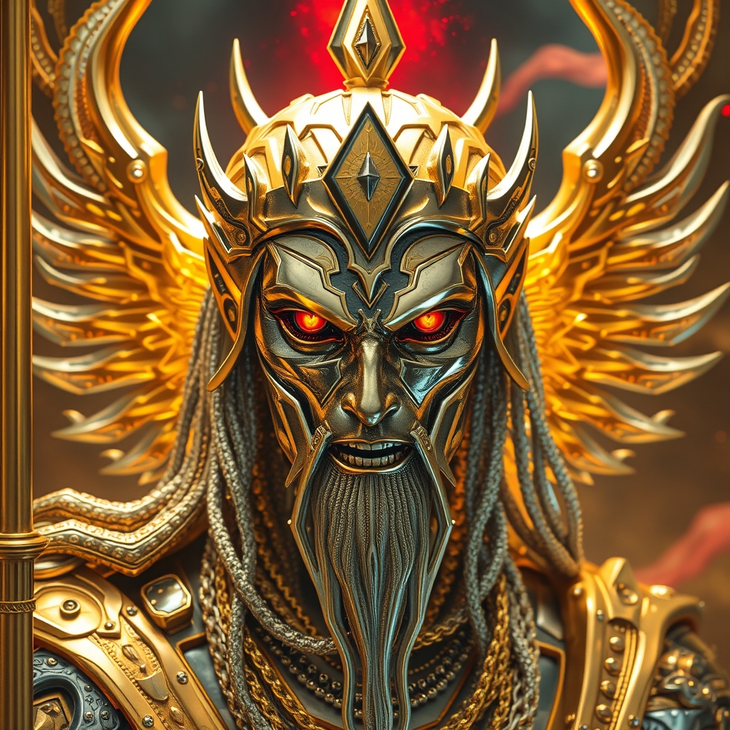 An insanely detailed divine Seth, golden and silver in color, cyberpunk, diamond and onyx eyes, a crimson tinge to the golden color, hyperdetailed, omnipresent, beautiful, sinister overtones, a clash of good and evil in the background promoting golden, silver, and crimson blacks, otherworldly.