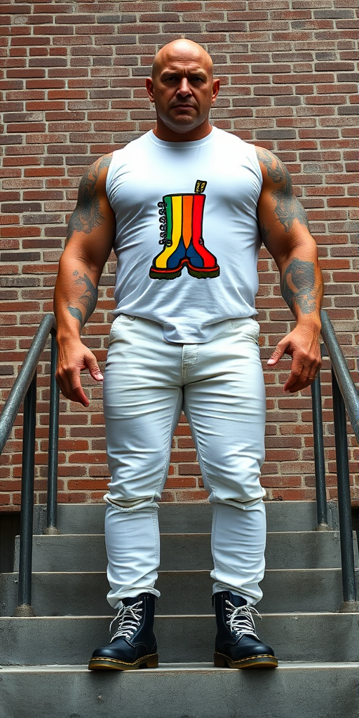 A towering, muscular 60-year-old skinhead bodybuilder stands confidently on concrete stairs, his gleaming bald head contrasting with his light skin. Clad in a striking white t-shirt with a logo of a rainbow gay flag colored Dr Martens boot, tattooed arms flex beneath the sleeveless fabric. Tight bleached denim trousers highlight his powerful legs, complemented by knee-high Dr. Martens boots with white laces. The rugged brick wall and metal handrails create an industrial backdrop, enhancing the imposing presence of this behemoth. - Image