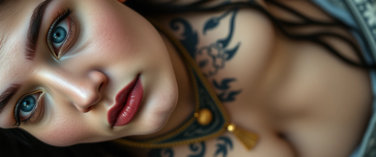 Close-up view of the tattooed chest of a Korean Indian woman with white skin and beautiful facial features, blue eyes, wearing gold ornaments, laying down, looking up.