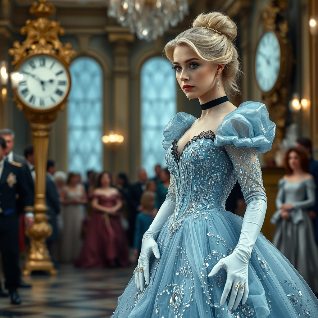 Blonde Cinderella is afraid, looking at a midnight clock. She is wearing a pearl pale blue magical gown covered in billions of shiny crystals, with black velvet lace around her neck, white long gloves, glass shoes, and her hair pulled up. She is entering a palace ballroom full of people. The image has a depth of field, gray eyes, set in the 1700s. She has perfect hands, a perfect face, and perfect eyes. The photograph is realistic, in 8K quality, and set in England. - Image