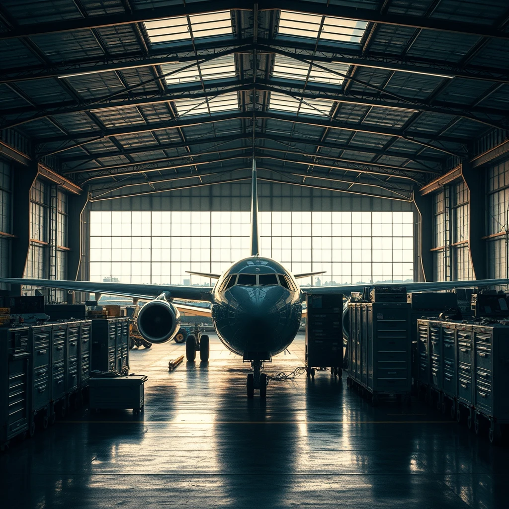 Aviation hangar interior environment tool boxes late afternoon atmospheric cinematic