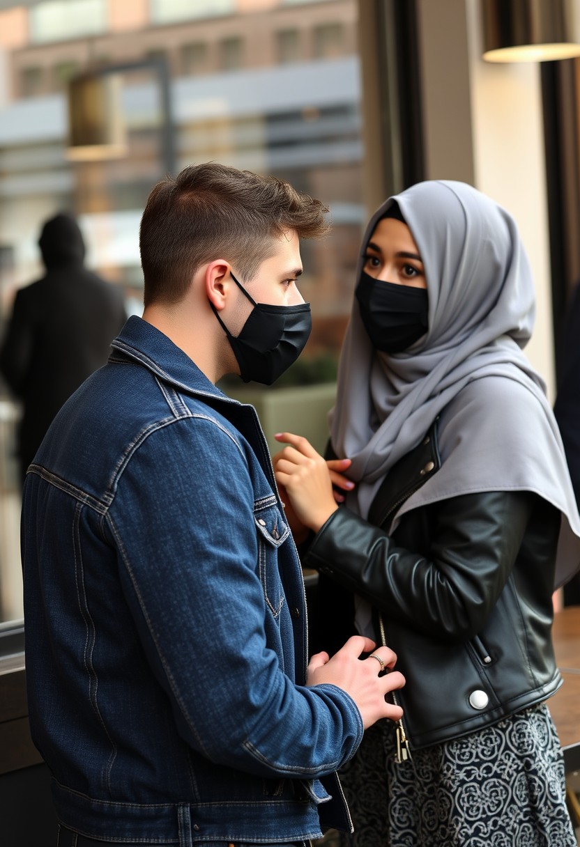 Jamie Dornan's head and body shot, handsome, black face mask, blue jeans jacket, jeans, dating a Muslim girl in a grey hijab, beautiful eyes, black face mask, black leather jacket, biggest patterned skirt, talking at a cafe, photorealistic.