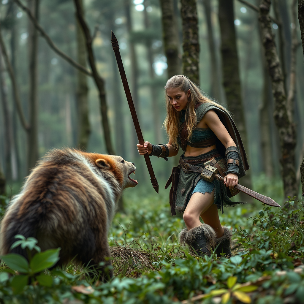 Real-life photography: In the forest, a female barbarian encounters a dangerous animal. - Image