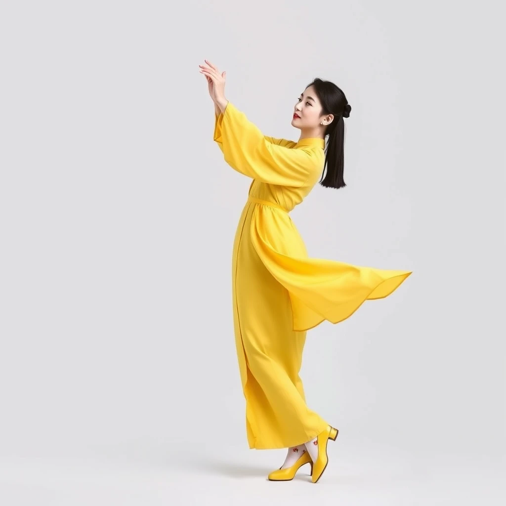 A single Korean woman dancing in a yellow traditional Korean costume. Dancing classically, daintily and nobly. FULL SHOT, yellow traditional shoes, neatly tied black hair. Full body is visible, feet in white flowered socks, nimble movements.