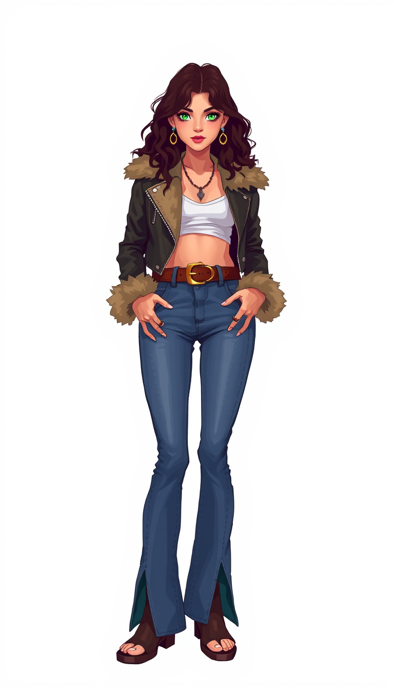 Exaggerated Pixel Art, white background, young hippie woman, standing sideways, slim body, green eyes, dressed in bell-bottom jeans, belt, golden buckle, navel, crop fitted leather jacket, fur collar and cuffs, open toe boots, toes, earrings. - Image