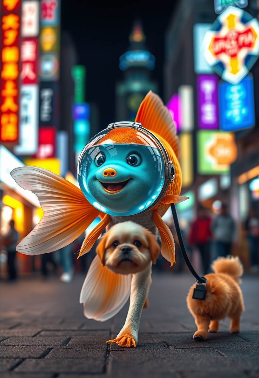 A cute, happy goldfish wearing a fish bowl as a breathing mask (half filled with water) is walking a cute dog on a leash in the streets at night, surrounded by colorful city lights, happily laughing, mouth open, with a cute face, walking on fins (no legs), with a fluffy dog in front, in a silly walk, ultra realistic, realism.