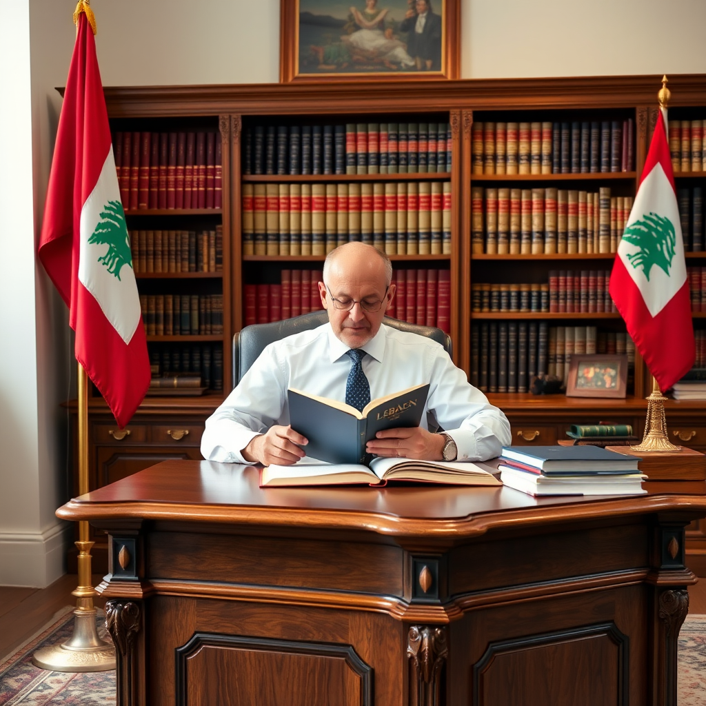 A lawyer is sitting at a desk reading a book, with a bookshelf full of legal books behind them. The desk is made of beautifully crafted old oak wood, and the office is spacious and filled with beautifully made furniture. In the corner of the office, there is a Lebanese flag on a pole.