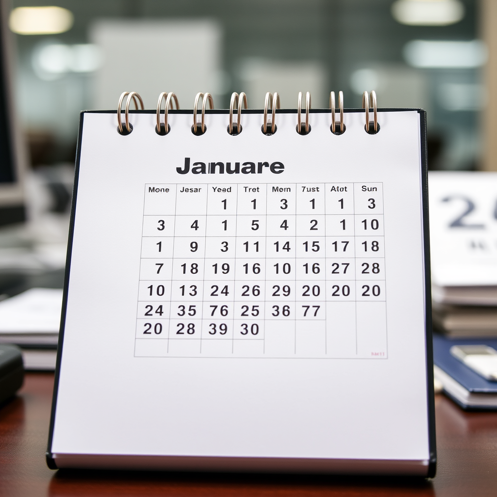 A photo of a desk calendar. The calendar is open to the month of January. The calendar is on a desk in an office.