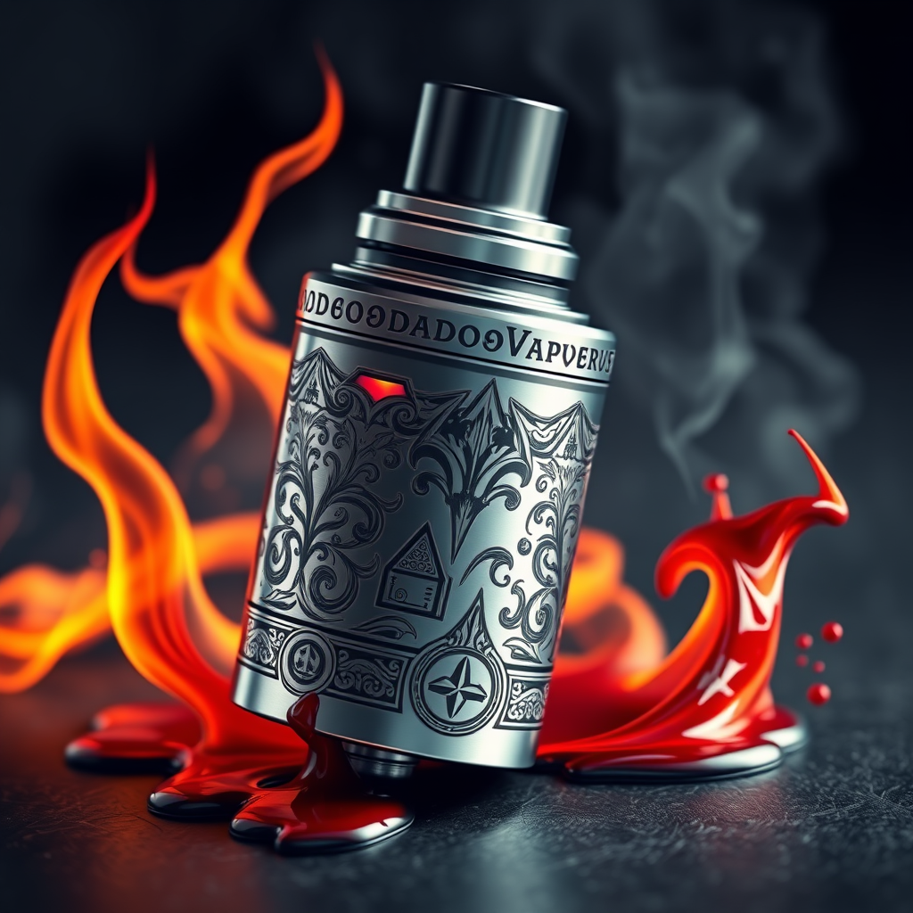 Hyper-realistic logo design for DoomVapes: Intricately detailed metallic vape tank, engraved with infernal motifs. Hellfire wisps curl around the device. Blood-red liquid seeps through cracks. Chthonic symbols etched on sleek surface.