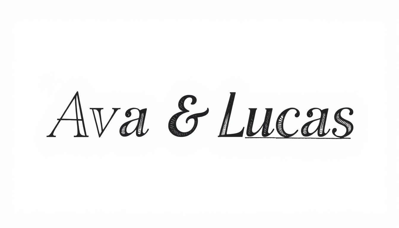 Geometric Precision: "Render the names 'Ava & Lucas' in a geometric pen and ink design, using sharp black lines and angles. The lettering is set against a bright white background, where the precision of each line is highlighted, free from any shadows."