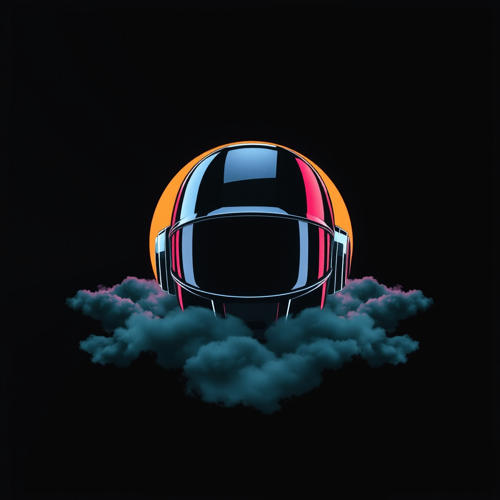 computer graphics, vector art, poster art, digital art, T-shirt vector Daft Punk helmet, that has a big circle that imitates the sun in the background, then dark grey cloud layers after, then the helmet appears above, outrun color palette, colored album art, black canvas, dark teal, Daft Punk, sinister background, CD cover artwork, helmet. - Image