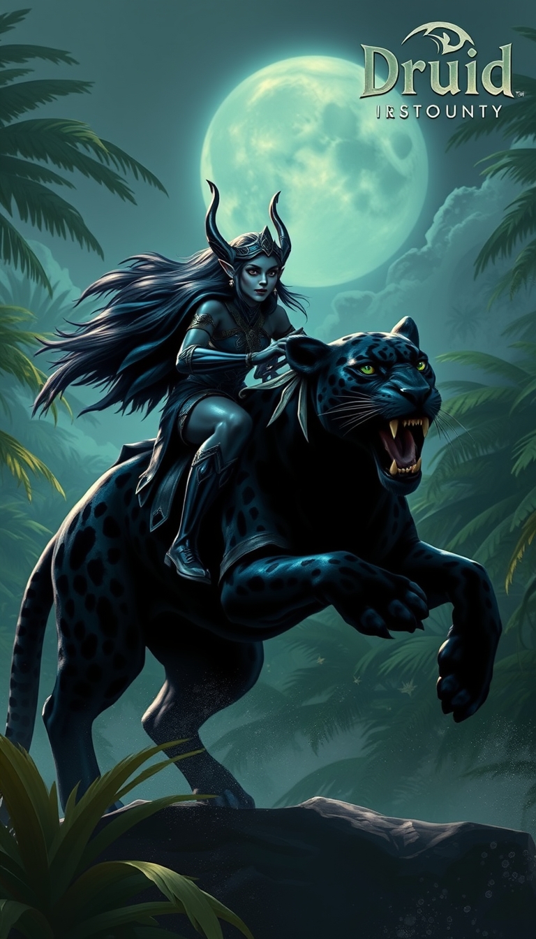 "A night elf riding a black leopard, realistic style, ultra-clear quality, moonlight, jungle, bright colors, druid text in the upper right."