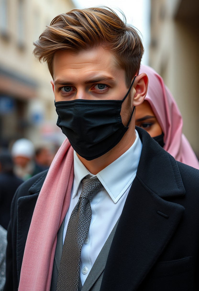 Jamie Dornan's head and body shot, handsome, young, face mask black, white shirt half buttoned, grey patterned tie, black coat suit, dating love with the biggest soft pink hijab girl, beautiful eyes, face mask black, biggest floral jubba, hyper realistic, street photography.