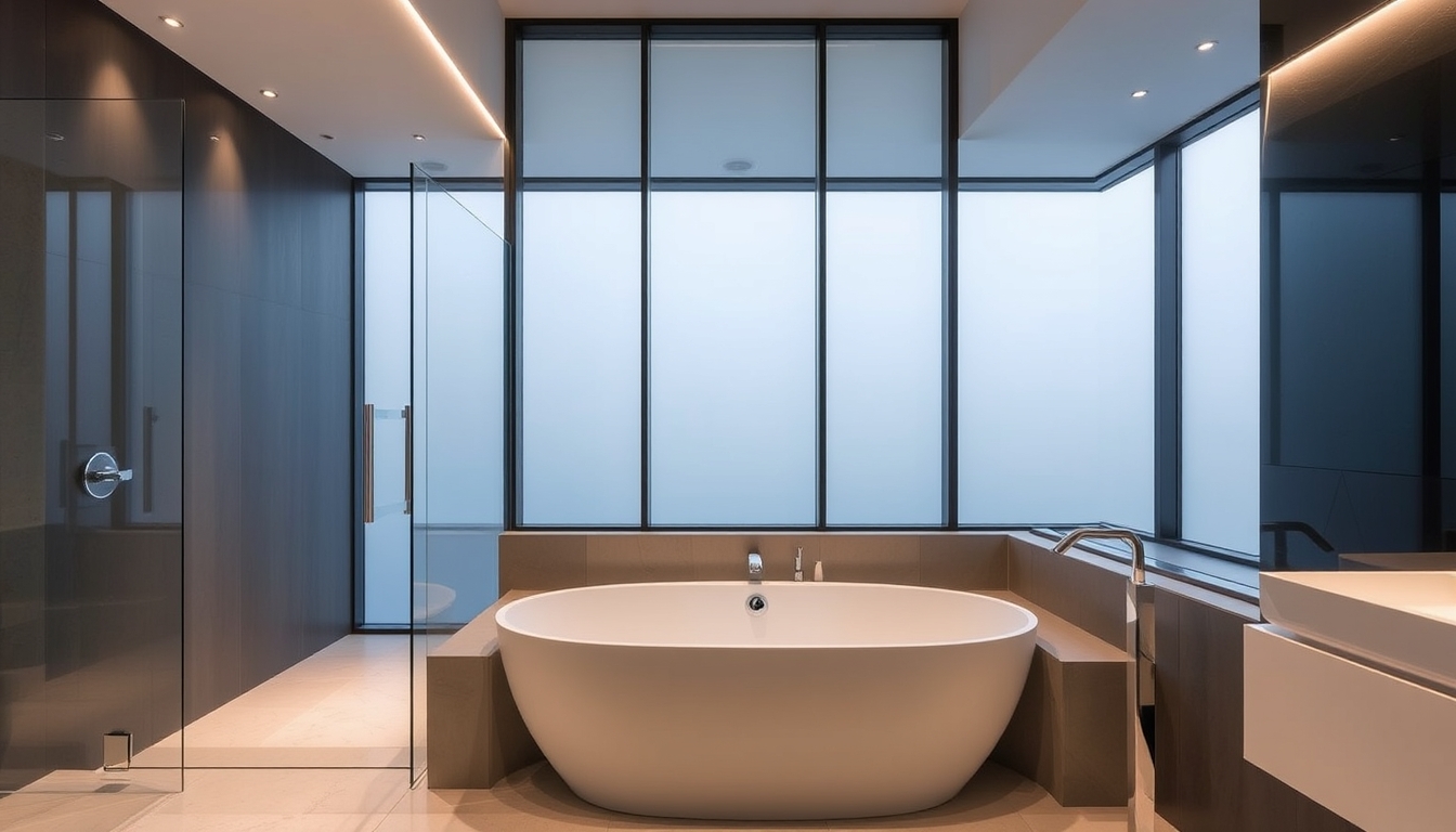 A sleek modern bathroom with glass walls and a luxurious soaking tub.