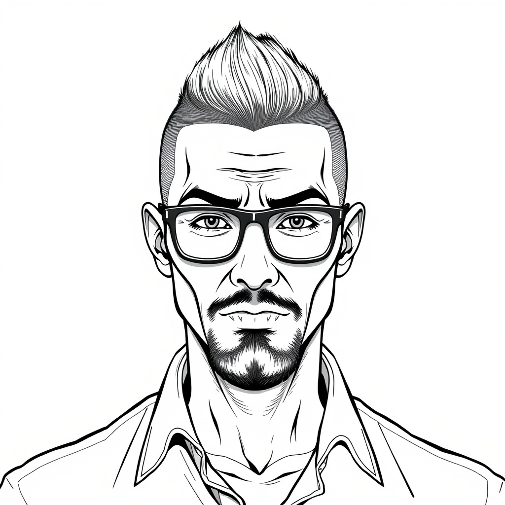 A cool, masculine line drawing of a 35-year-old man with a buzz cut, Asian descent, wearing framed glasses, a slightly short beard on his chin, in a shirt, with a somewhat rogue demeanor, and a face that is sculpted yet full. - Image