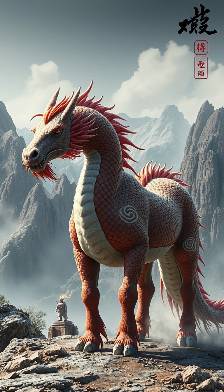 (ultra realistic) an oriental dragon combined with a horse, hairy body, in a mountain background in China.