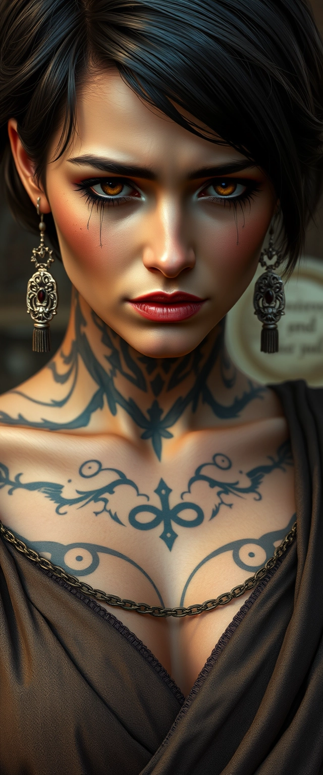 Close-up chest shot of Evelyn from Baldur's Gate as a real Persian woman having face and neck tattoos and a sad face with short hair and lip gloss.