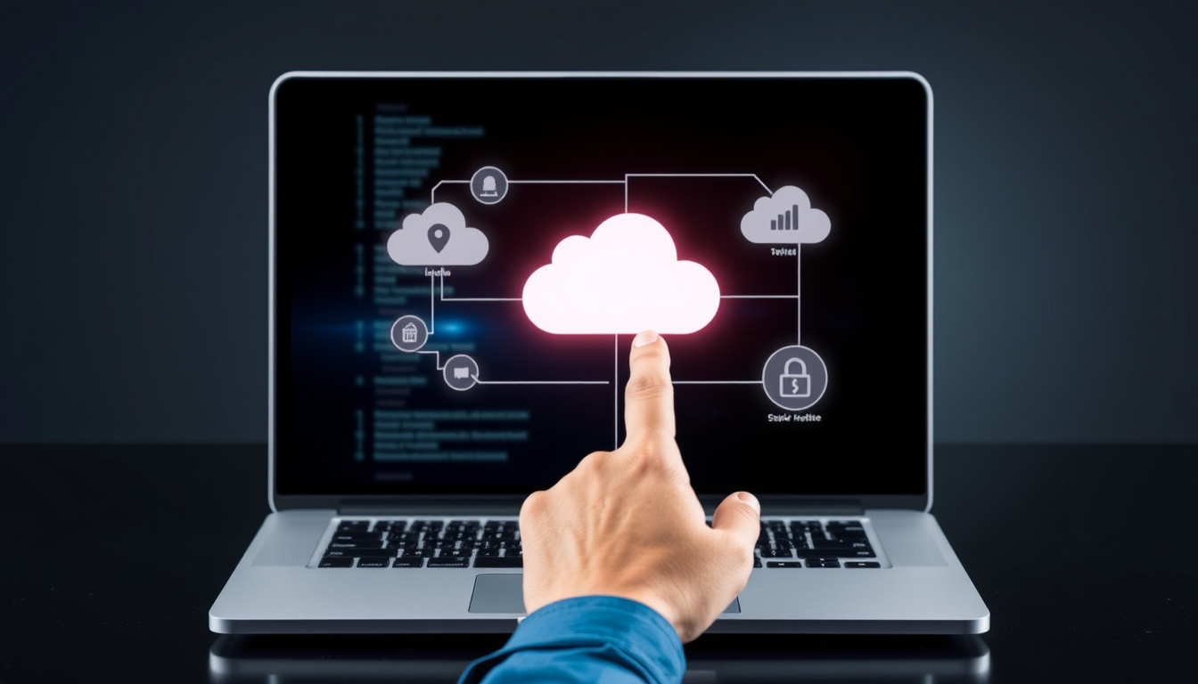 Secure Business Cloud Solutions Concept - Hand Pointing at Data Interface on Laptop Screen with Cloud Icons for Online Storage. - Image