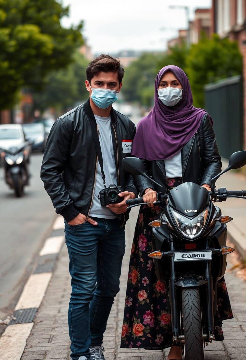 Jamie Dornan and Freddie Prinze head and body shot, handsome, young, serious face, dark brown hair, white T-shirt, collage jacket, skinny jeans, sneakers, standing, discussing with a short purple hijab Muslim girl, beautiful eyes, face mask, black leather jacket, biggest floral skirt, holding a DSLR Canon camera, near town road, superbike, hyper-realistic, street photography, brick wall, full body photo.