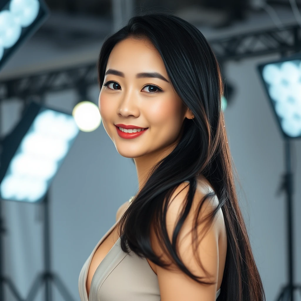 25-year-old Asian woman model in a high-cut, high-quality dress in a photo studio. Light makeup, heavy eyeliner. Clear skin. Realistic skin texture with long, smooth, dark black hair styled back. Studio background with shooting lights, indentations, and cable lights. Blink your left eye. Smile. Bokeh effect. Heavy bokeh with light colors. - Image