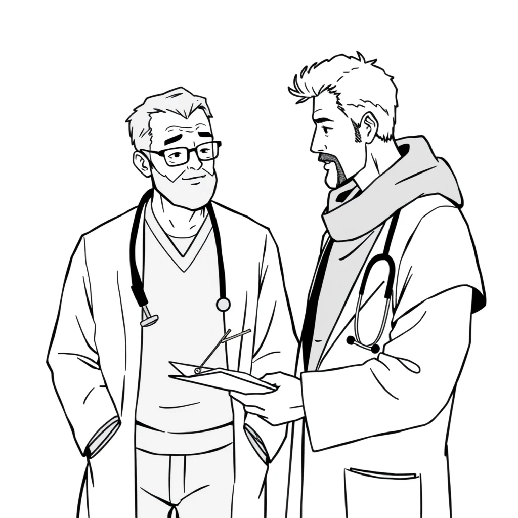 A doctor is taking notes and talking to a middle-aged man next to him, in a minimalist style with simple black and white lines, white background, and anime style. - Image