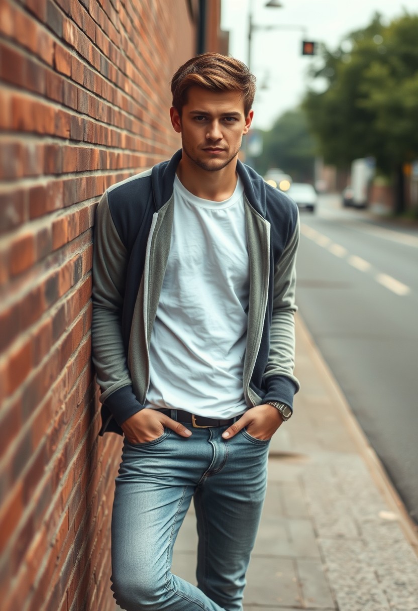 Jamie Dornan head and body shot, handsome, young, serious face, dark brown hair, white T-shirt, college jacket, skinny jeans, sneakers, standing in a hot style, flirting face smile, near town road, leaning against the wall, hyper realistic, street photography, brick wall, full body photo. - Image