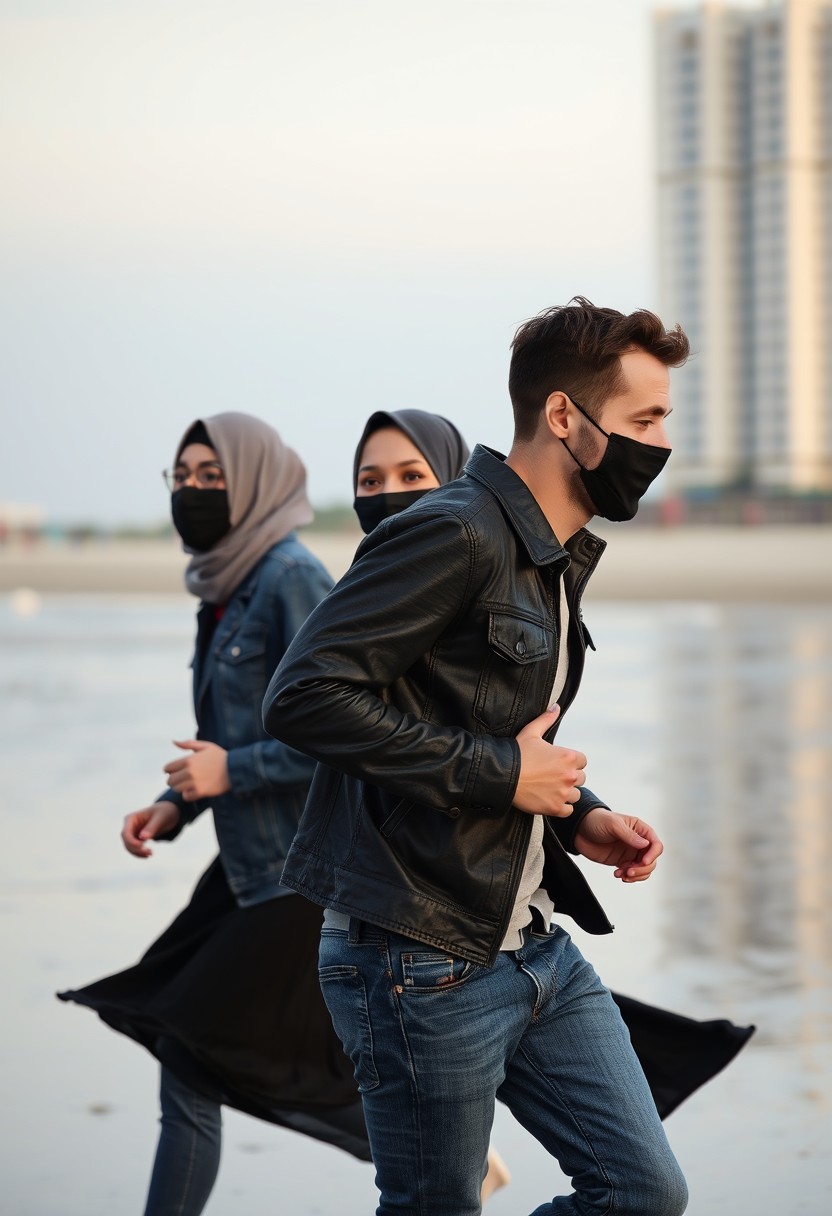 Jamie Dornan's head and body shot, handsome, black face mask, denim jacket, jeans, dating, love couple, with the biggest grey hijab Muslim girl, black face mask, beautiful eyes, black leather jacket, biggest skirt, running together at the beach, hyper-realistic, street photography. - Image