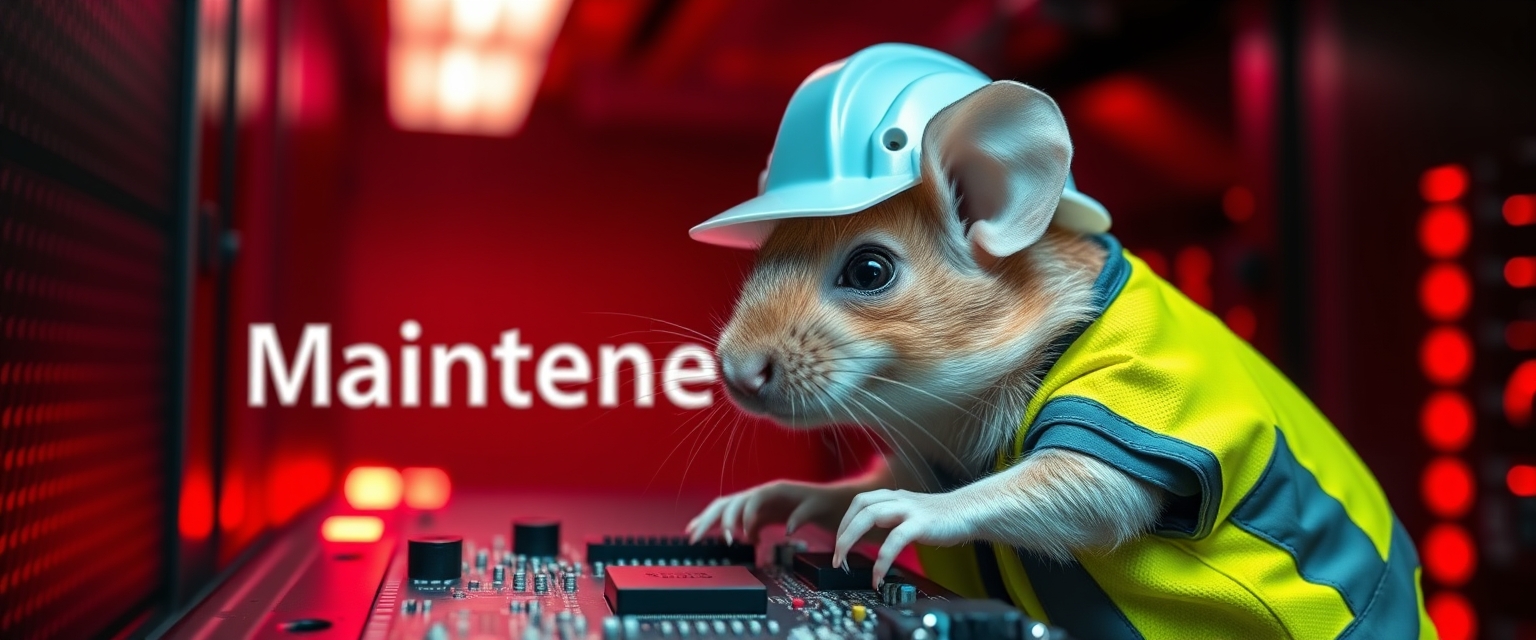 A small mouse with a hard hat and high visibility vest is repairing a circuit board. The mouse has a serious look in his eyes. The background shows a server room with only red emergency lighting, red ambient lighting, and emergency lighting. (Text background saying "Maintenance"). - Image