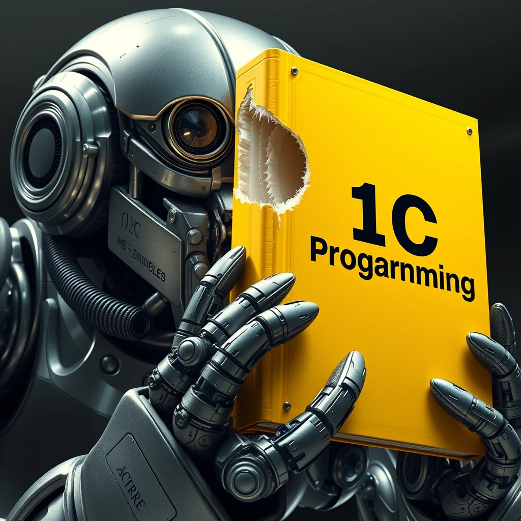 Futuristic scene: a giant robot bites the corner of a large yellow book. The robot is massive, with a metal body, gleaming lens-eyes, and mechanical jaws. Its size is several times the size of the book. The book is bright yellow in color, thick, and looks like a textbook. The cover of the book reads "1C Programming" in large black letters. You can see that the robot has bitten off the upper right corner of the book, leaving a jagged bite mark. The background is neutral, perhaps a darkened laboratory or futuristic interior. The lighting is dramatic, emphasizing the contrast between the shiny metal of the robot and the matte surface of the book. Image style: photorealistic with science fiction elements. Detailed texture of the robot's metal and the book's paper. Clear lines and shapes. Saturated colors with emphasis on the yellow of the book and the silver-steel of the robot.