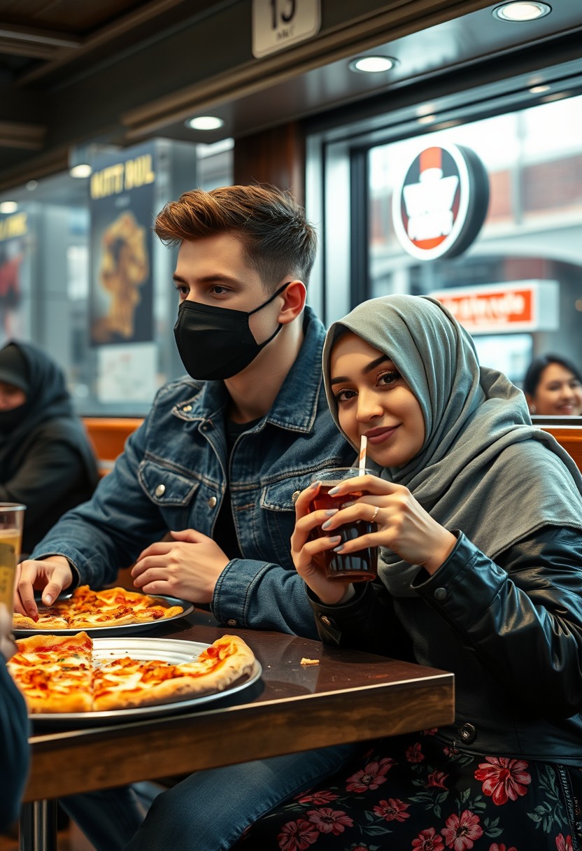 Jamie Dornan's head and body shot, handsome young man, black face mask, blue jeans jacket, jeans, dating a beautiful Muslim girl in a grey hijab with beautiful eyes, black face mask, black leather jacket, biggest floral skirt, at a hot pizza fast food restaurant, with a plate of cheese pizza slices, a plate of Korean fried chicken and fries, a glass of soft drink, eating with three other random smiling friends in the background, photorealistic, hyper-realistic, street photography.