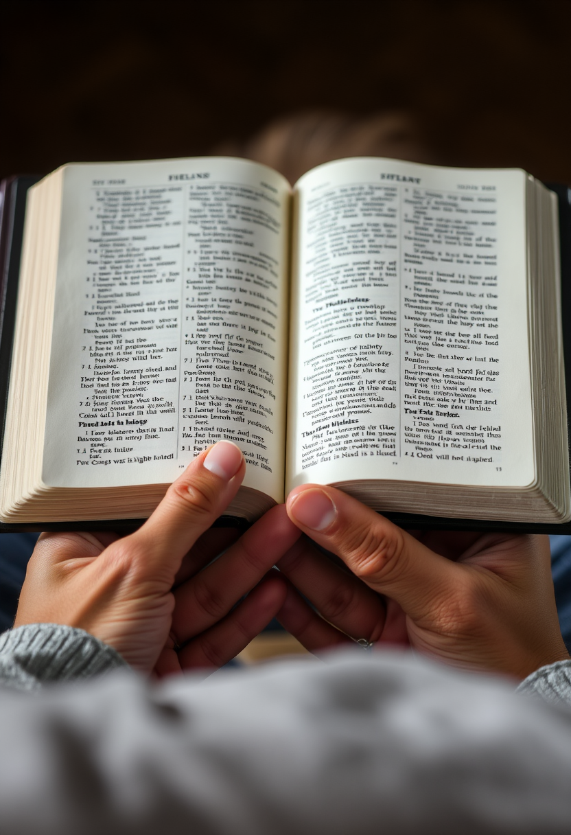 "Depict a close-up of a person's hands holding an open Bible, with light shining on the pages."